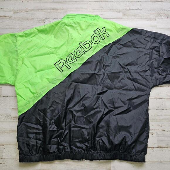 REEBOK Sport VTG Neon Green Colorblock Black Full Zip Windbreaker Track Jckt XL - Picture 1 of 5
